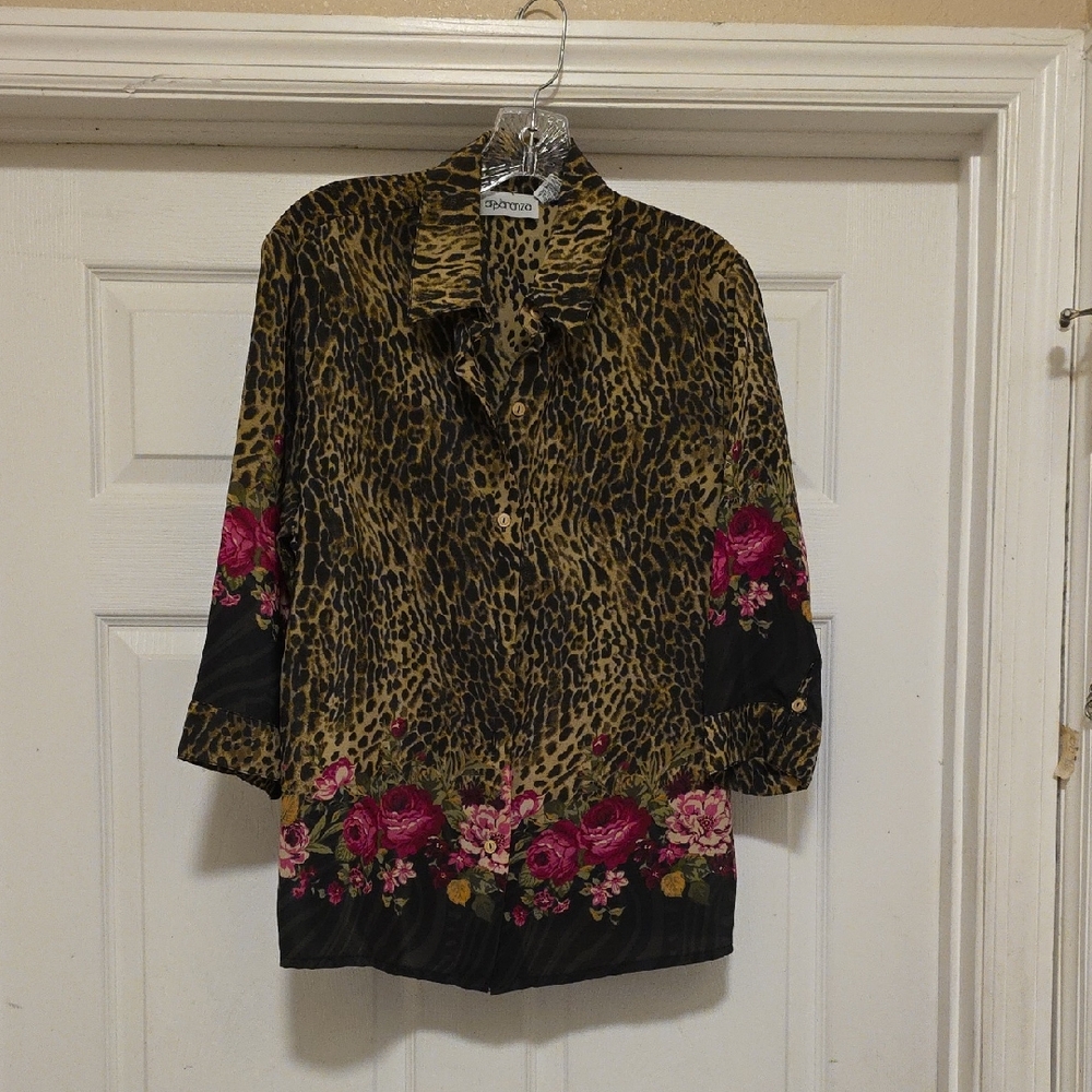 APPARENZA Womens PL Animal Print Shirt with Pink Floral Accents